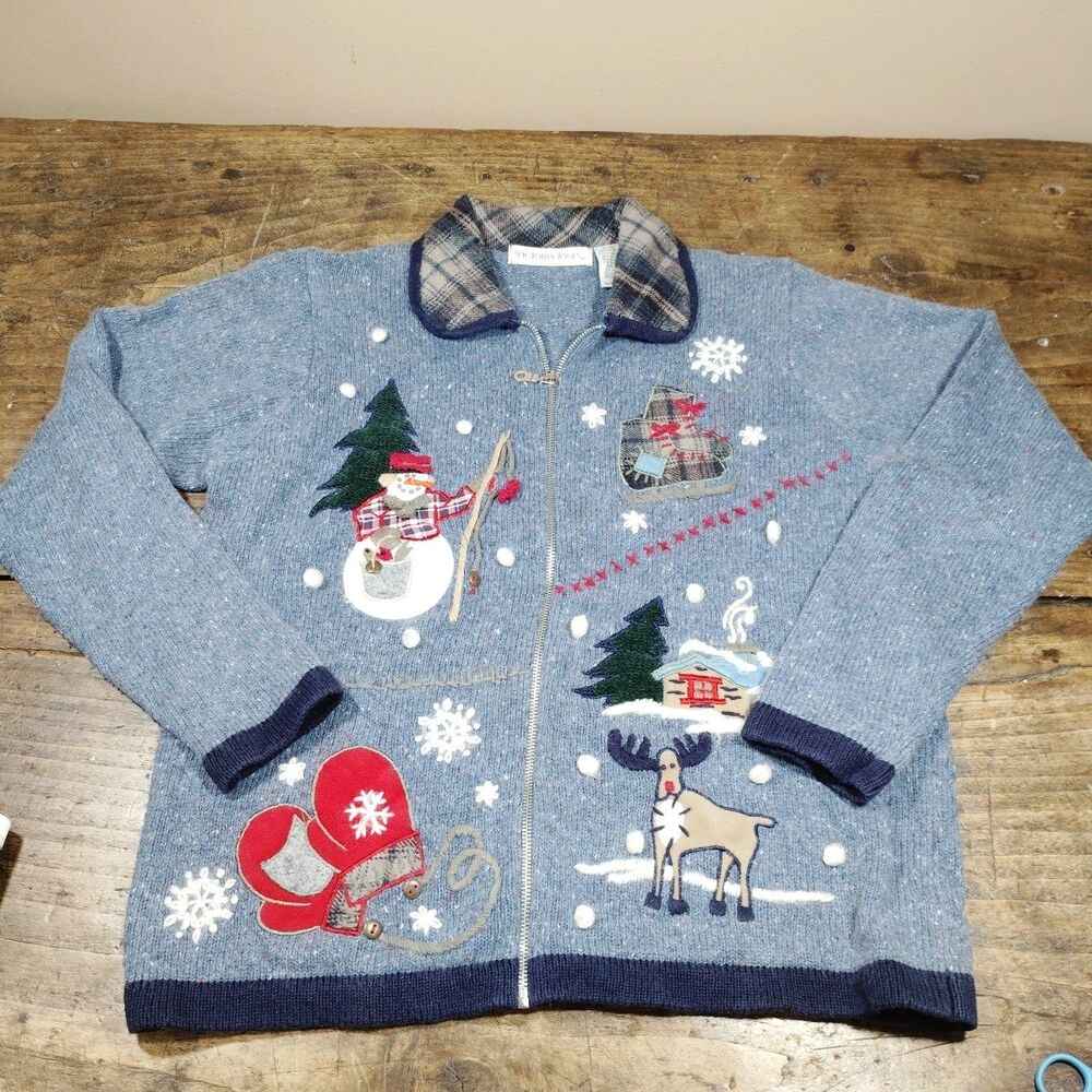Victoria Jones Medium Blue Knit Snowman Christmas Cardigan Sweater Angora Zip